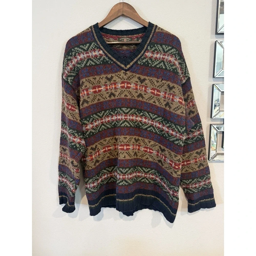 Vintage American Eagle Wool Silk Fair Isle Sweater Mens M Nordic V Neck USA Read